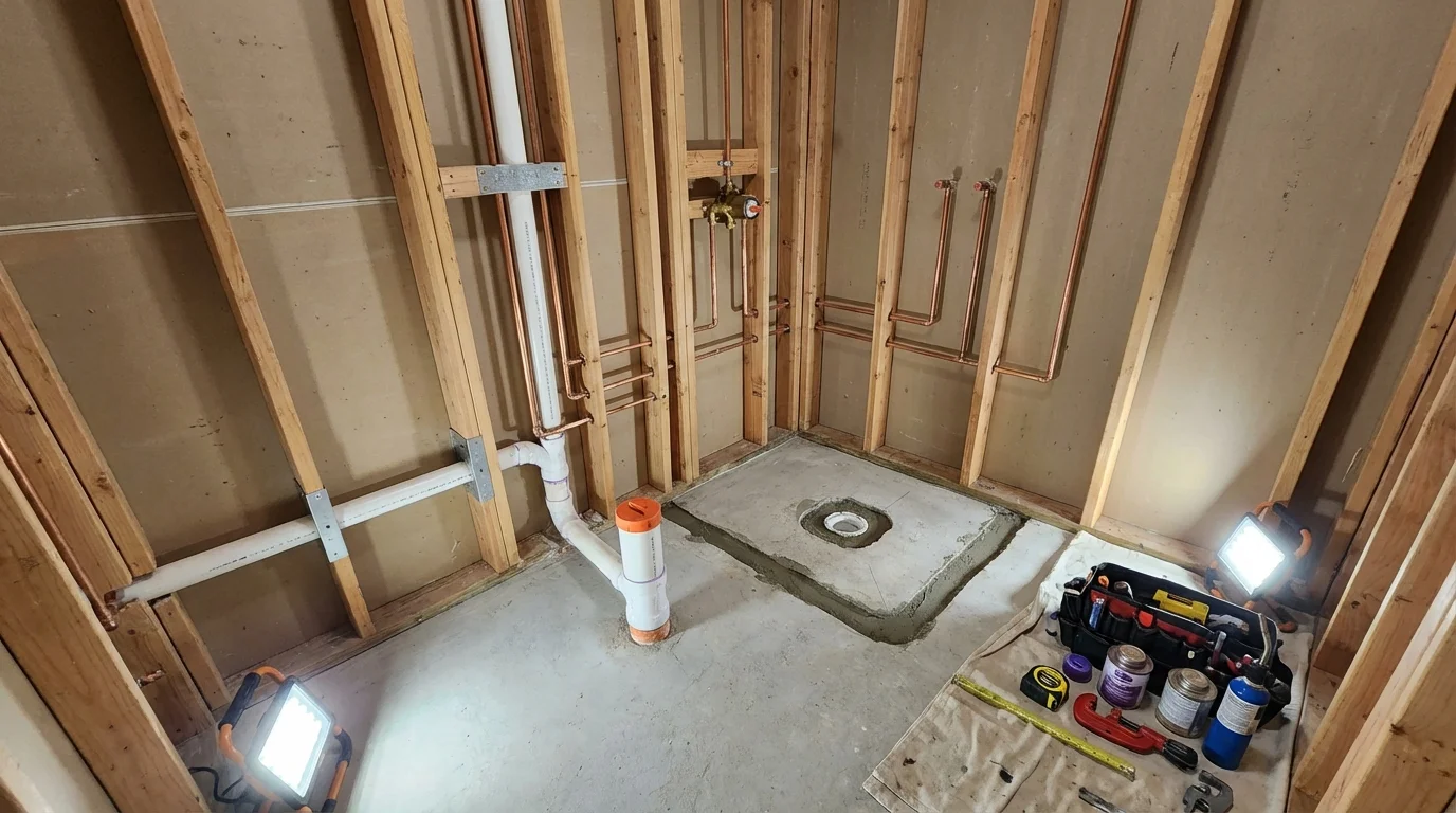 Bathroom rough-in plumbing during remodel by Johns Plumbing LLC in Ahwahnee
