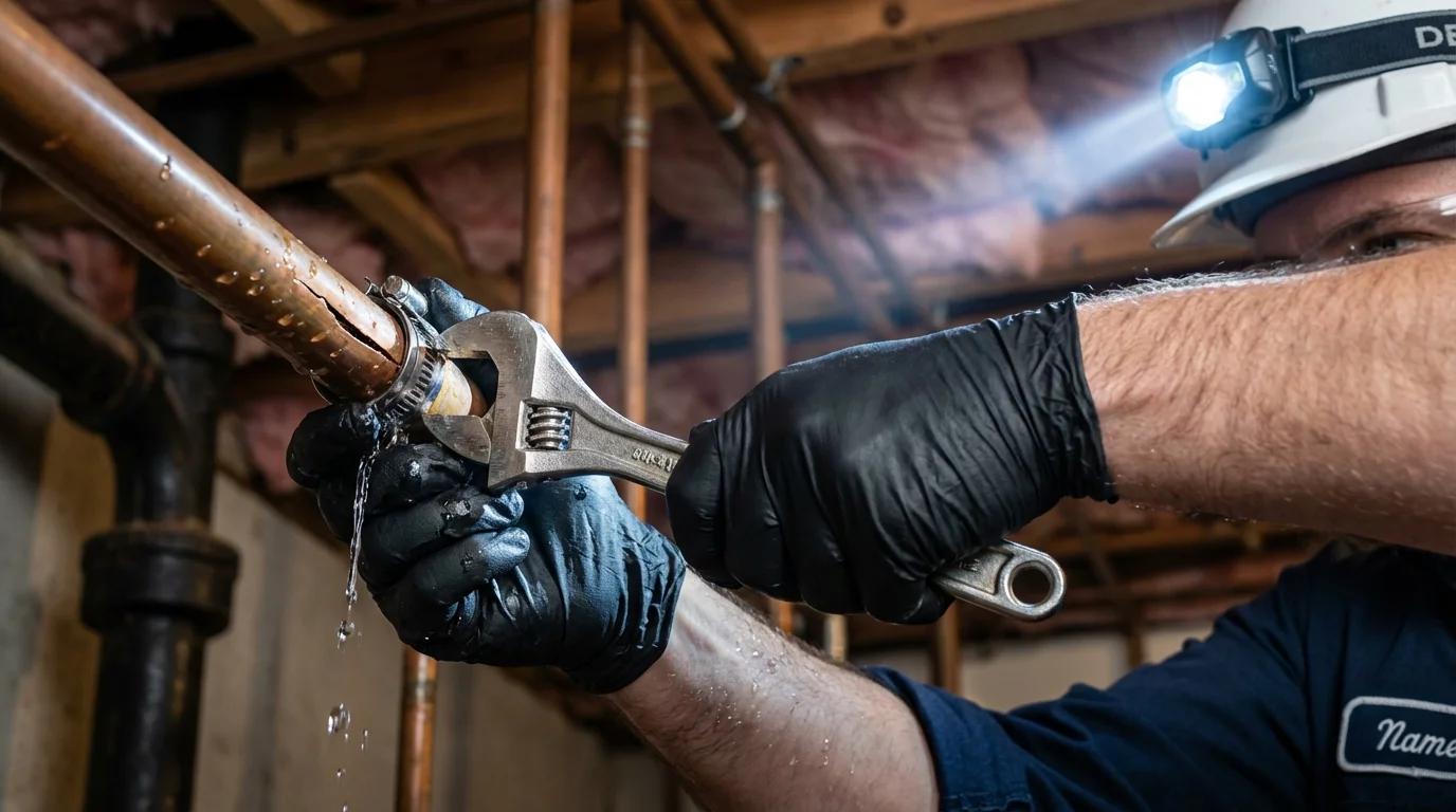 Emergency pipe clamp repair being performed by a Johns Plumbing LLC plumber in Ahwahnee