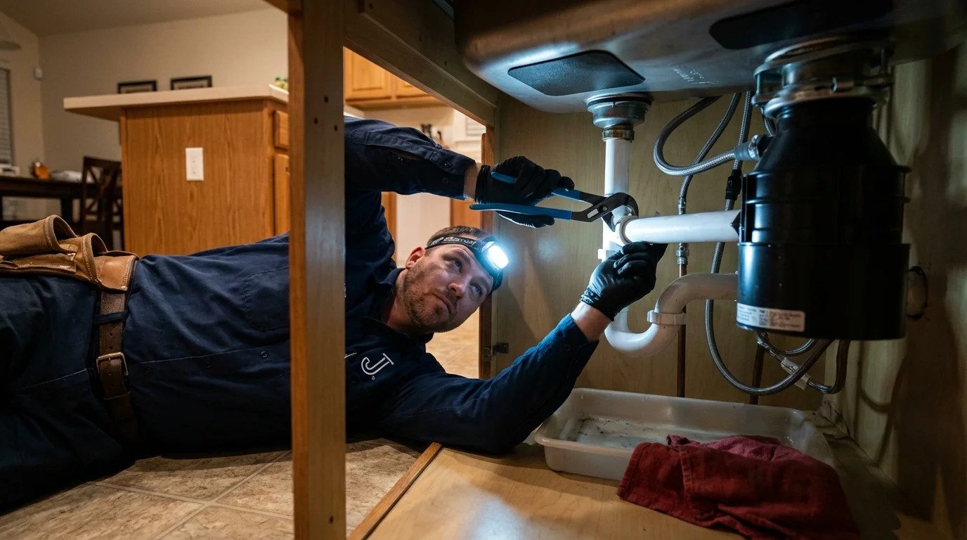 P-trap and supply line connections under a kitchen sink showing a common leak point in Ahwahnee, CA